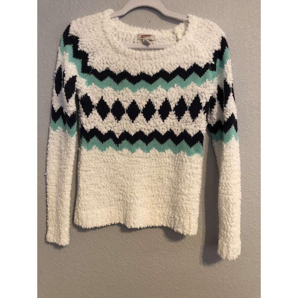 Arizona Jean Co Womens Sweater Small White Knit Geometric Print Aztec Top FLAW